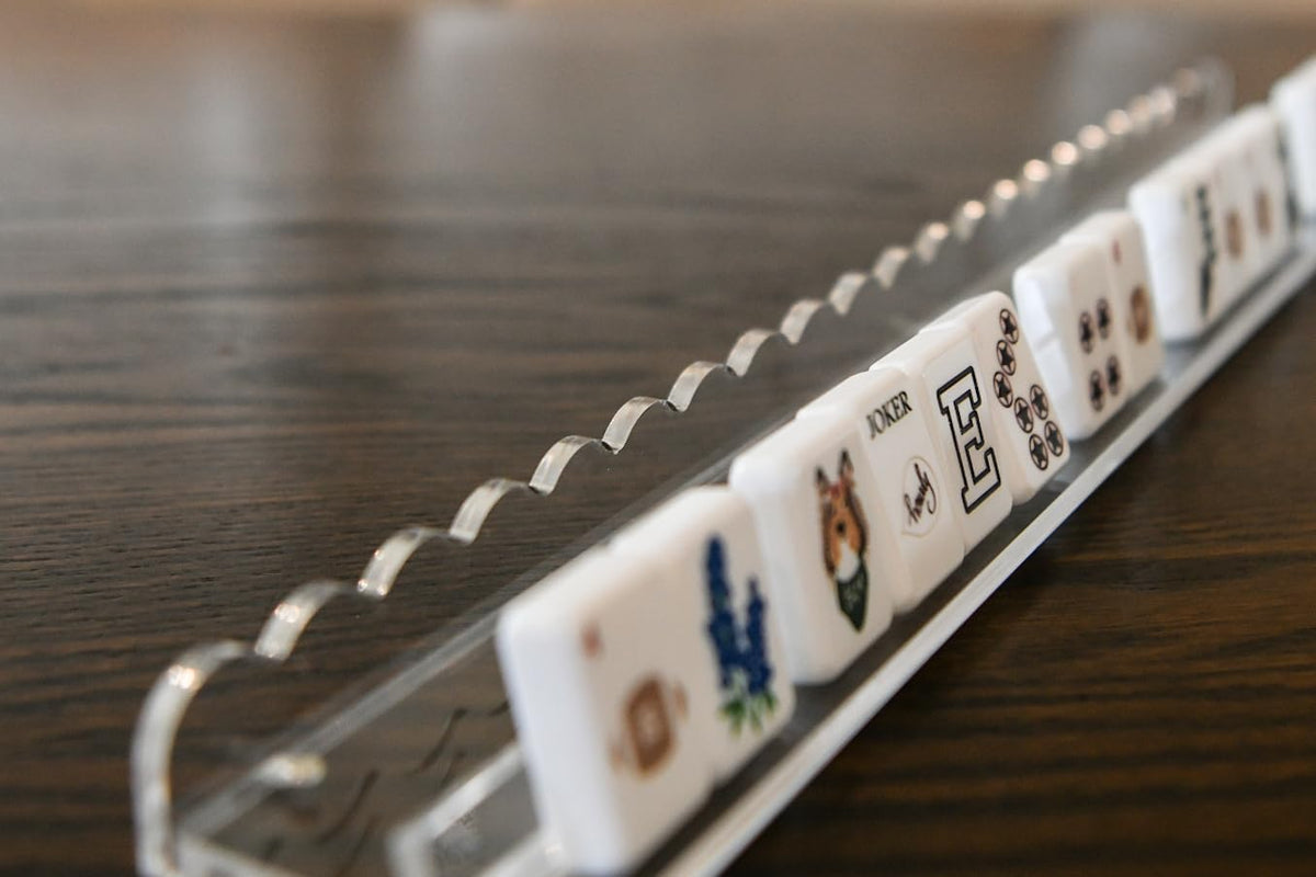 Four-rack Humble Oak Co. kit laid out for a complete mahjong game.