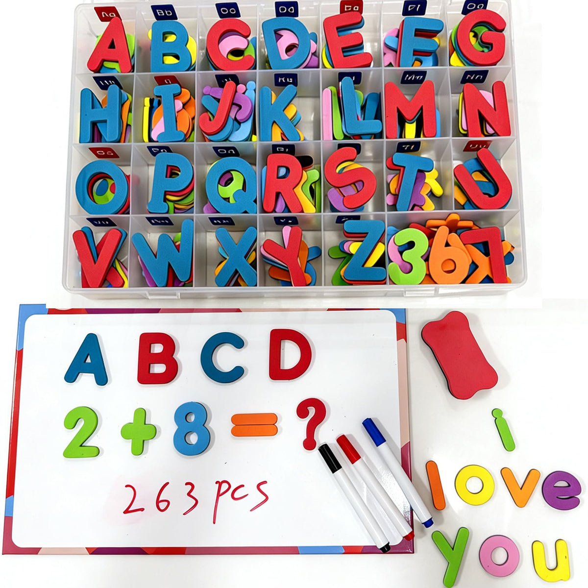Hummigoo magnets on fridge showing full 263-piece set for spelling and counting.