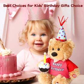 Humor Ted plush cupcake with glow candle enhances magical birthday ambience