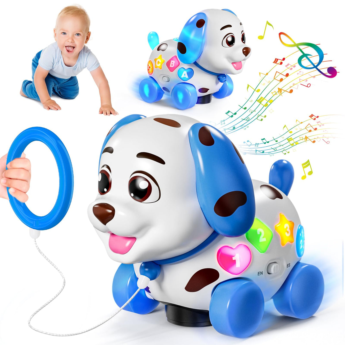 HumorPlay musical puppy toy in sit-to-crawl mode for early movers
