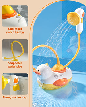 Humzo Duckie Bath Head with suction cup attachment for easy tub mounting.