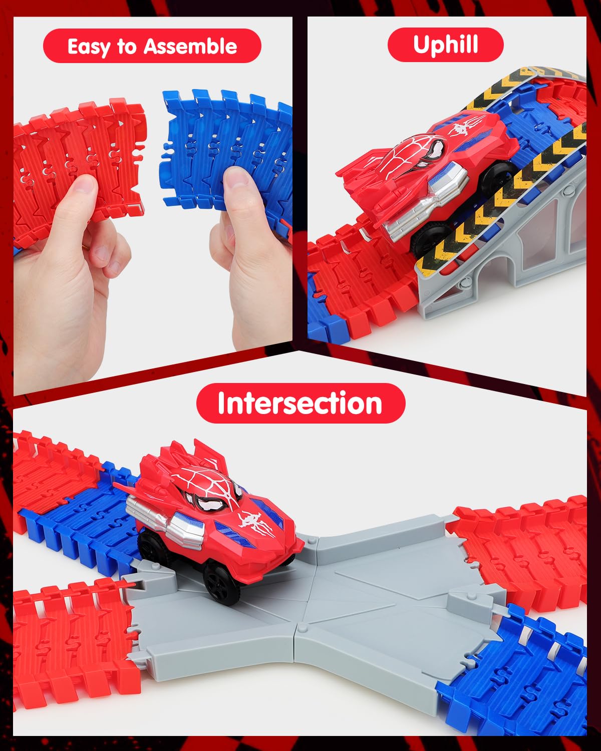Humzo Spider Tracks assembly pieces spread out for creative layouts and STEM exploration