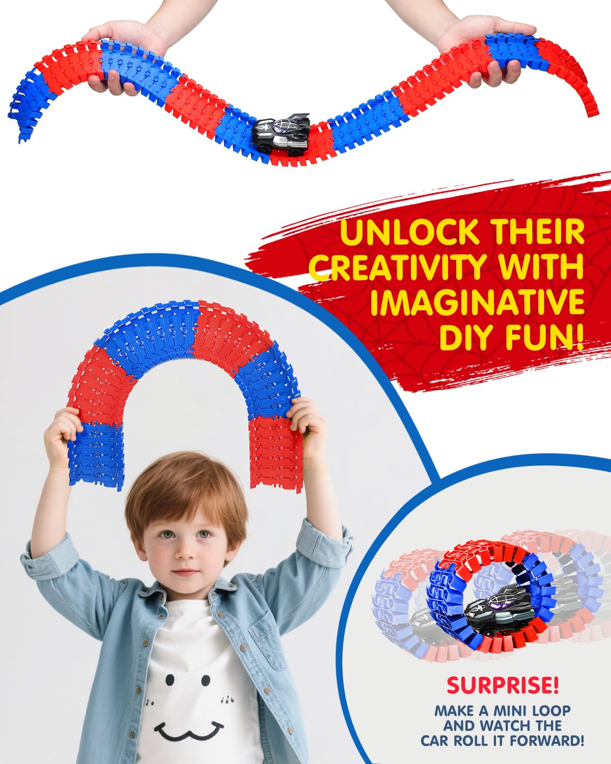 Humzo Spider Tracks modular track pieces arranged for indoor racing layouts