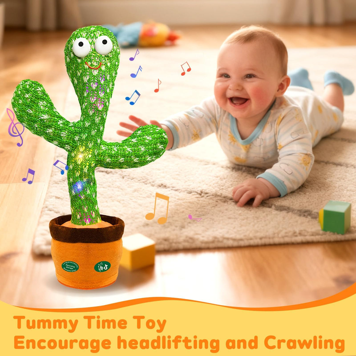 Hunfur cactus toy sings and dances with LEDs, creating a lively play moment.