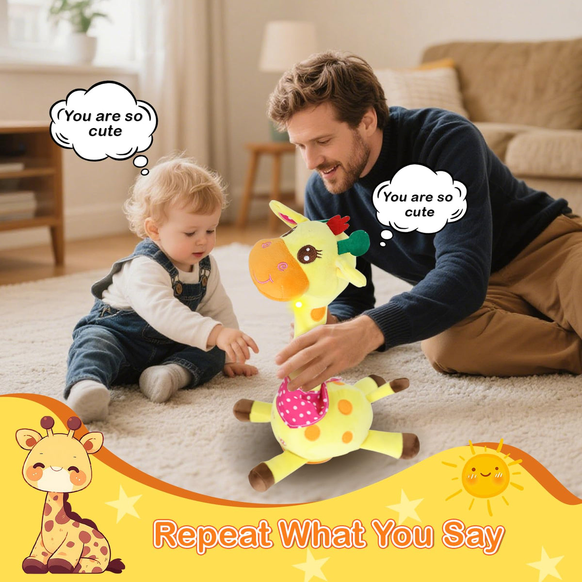 Hunfur giraffe toy showcasing recording feature for playful playback