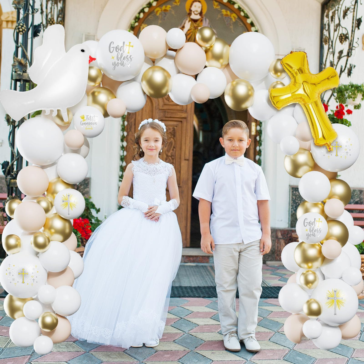 Hungdao 169-pcs First Communion Balloons Kit foil dove balloon centers the arch.