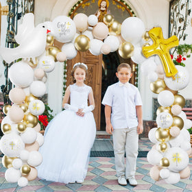 Hungdao 169-pcs First Communion Balloons Kit foil dove balloon centers the arch.