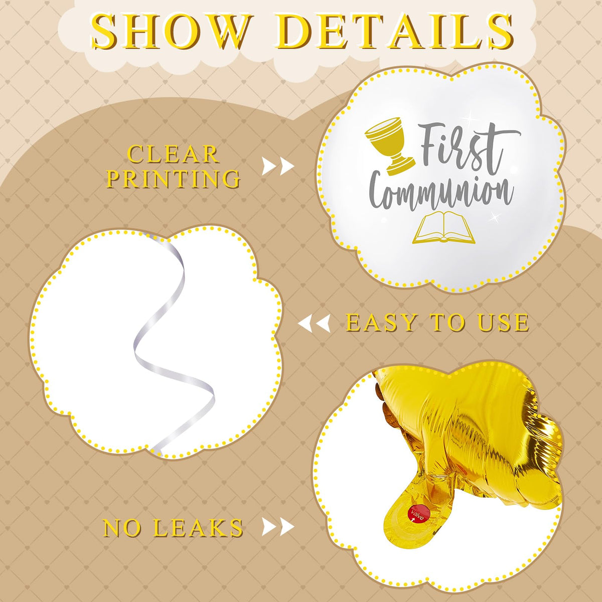 Hungdao 169-pcs First Communion Balloons Kit metallic gold balloons create festive accents.