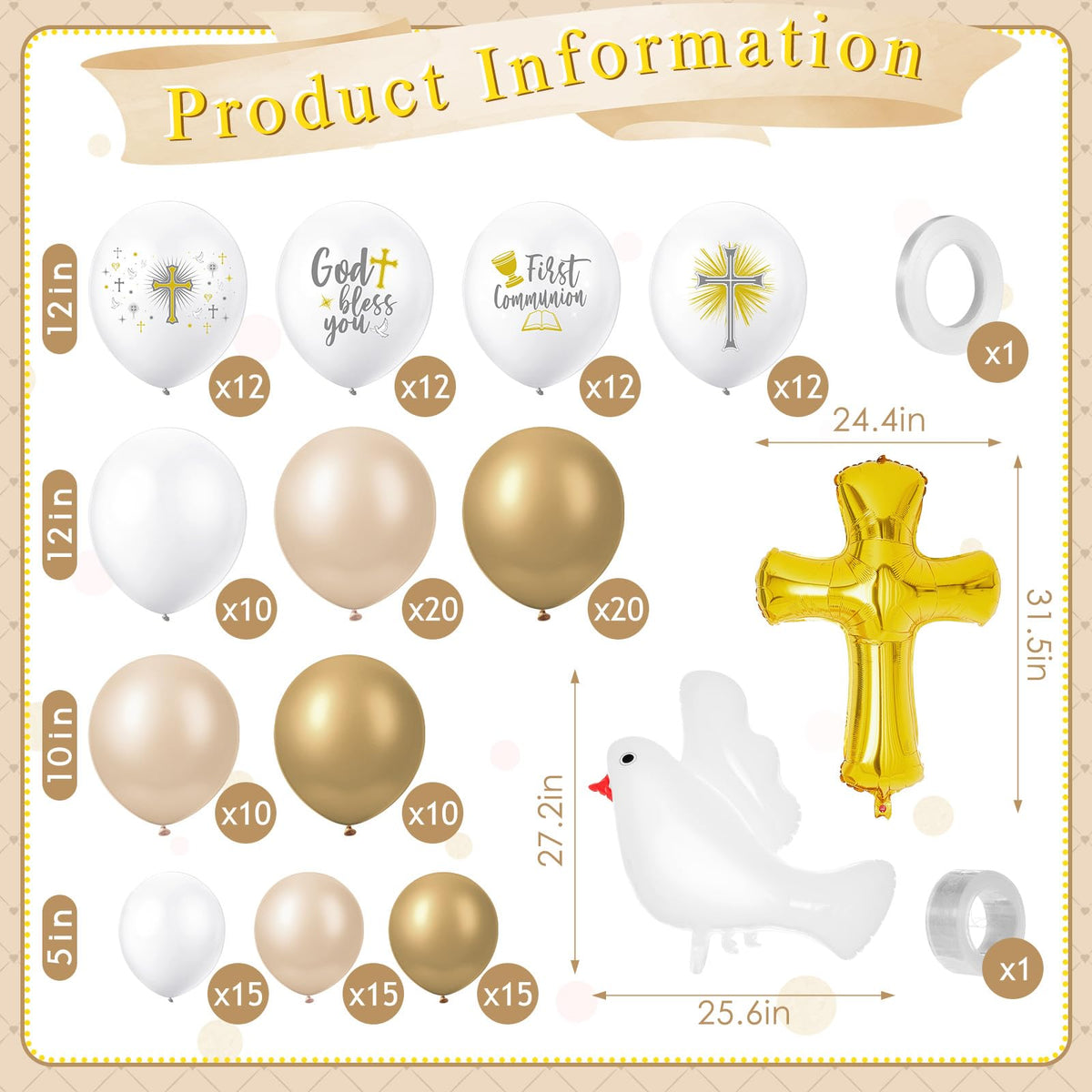 Hungdao 169-pcs First Communion Balloons Kit sand white balloons add soft, timeless tones.
