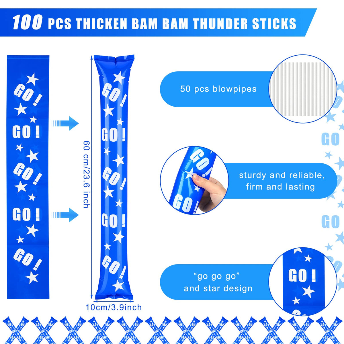 Hungdao cheer sticks blue inflated with straw for quick setup at events.