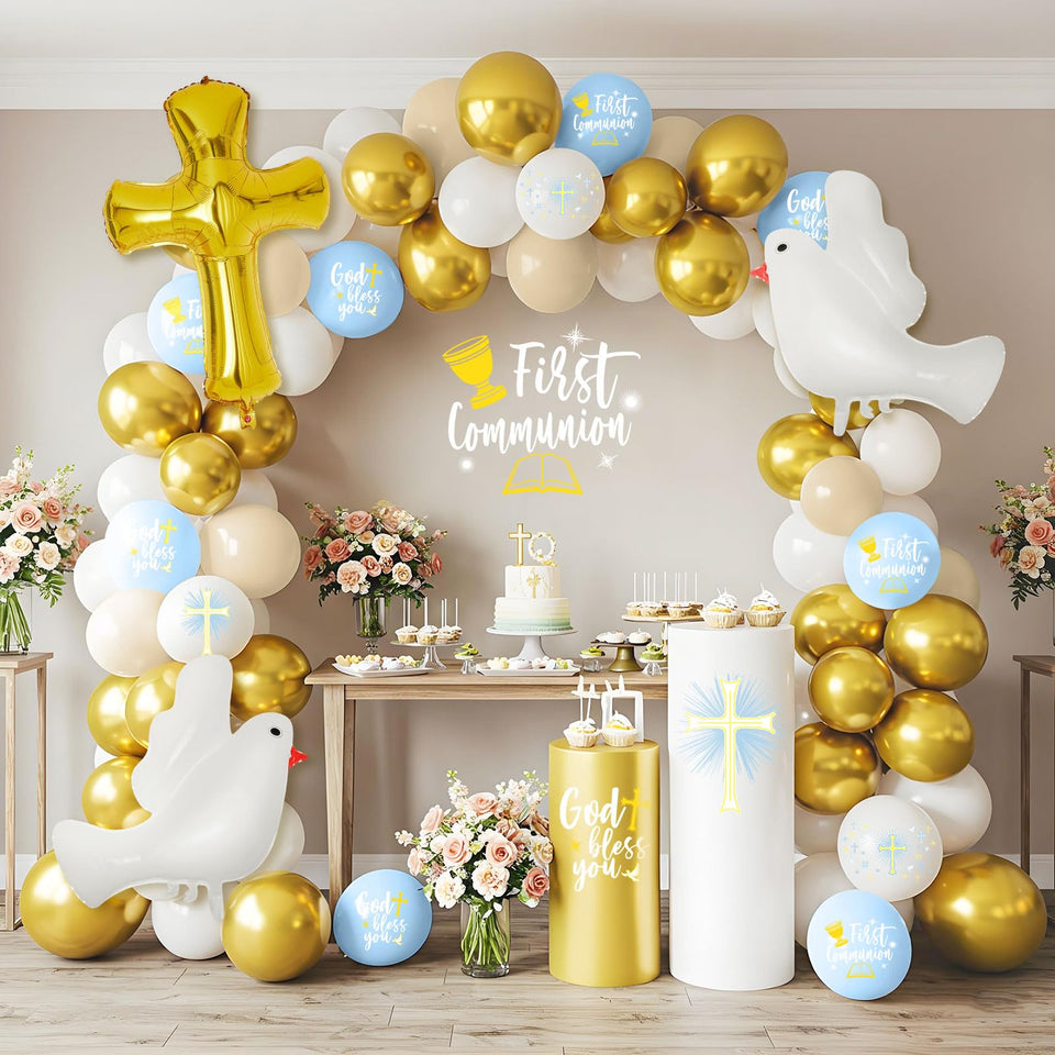 Hungdao first communion balloons arch kit creates a polished ceremony backdrop