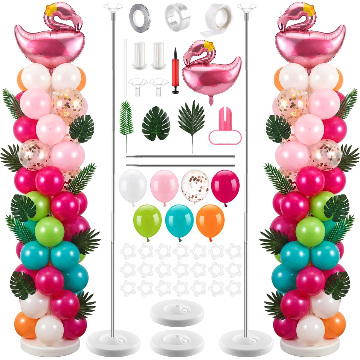 Hungdao tropical flamingo balloon column stand with palm leaves for quick luau party decor.