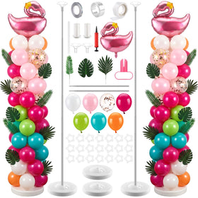 Hungdao tropical flamingo balloon column stand with palm leaves for quick luau party decor.