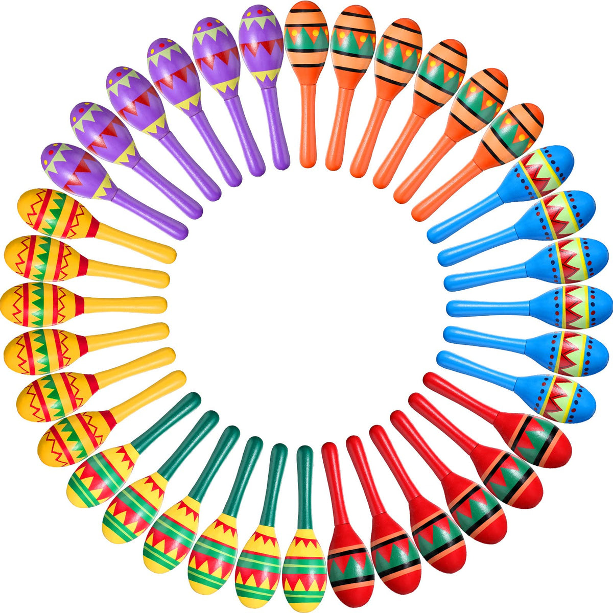 Hungdao mini wood maracas six designs front view showing vibrant colors for festive decor.