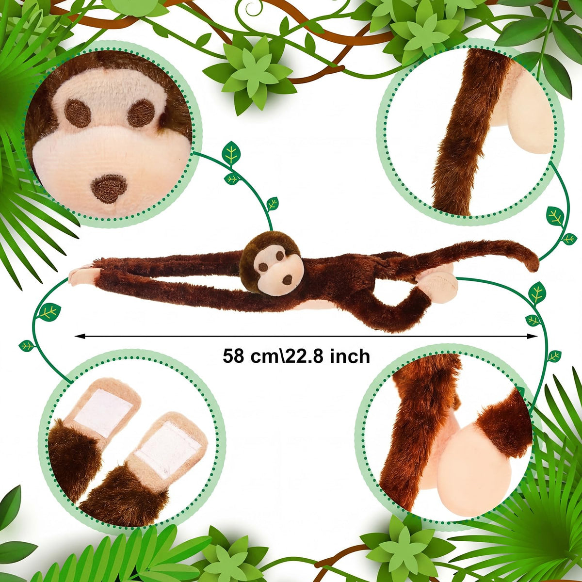 Hungdao monkey toy with hook-loop hands for easy hanging on walls.