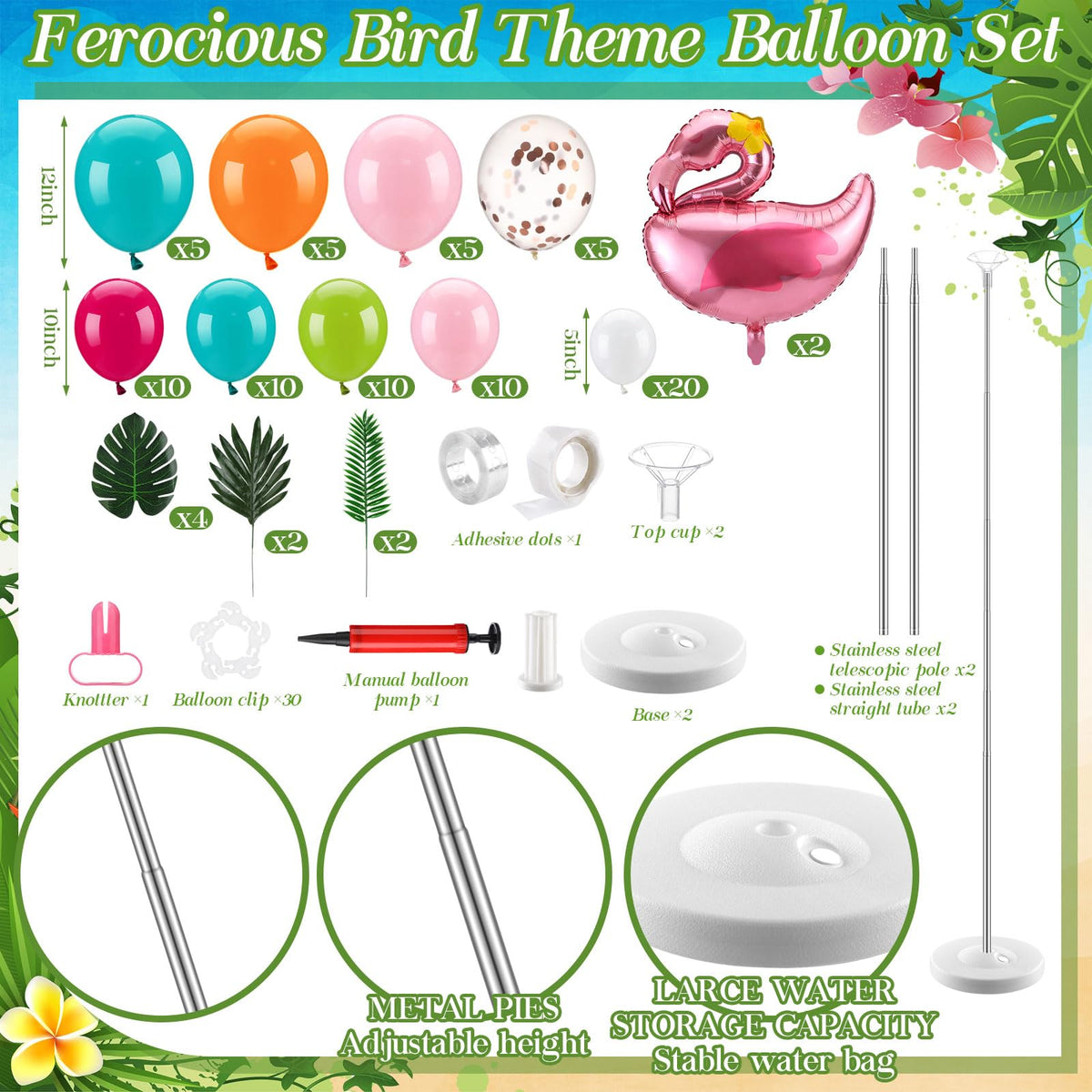Hungdao flamingo balloons and stainless steel tubes create a vibrant beach wedding backdrop.