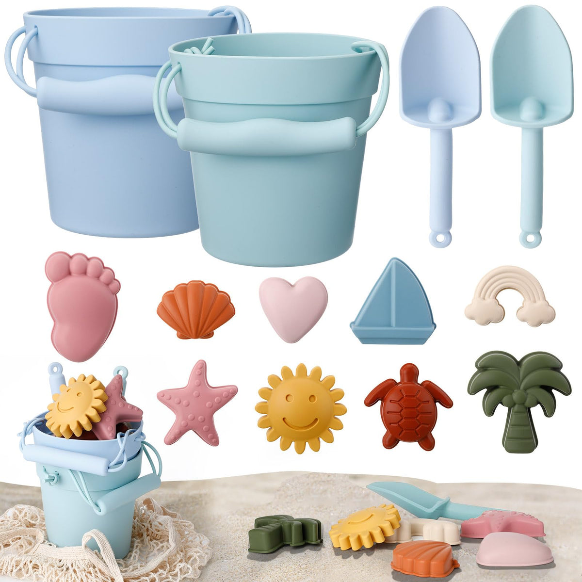 Hungdao silicone beach toys set with buckets for durable, mess-free sand play.