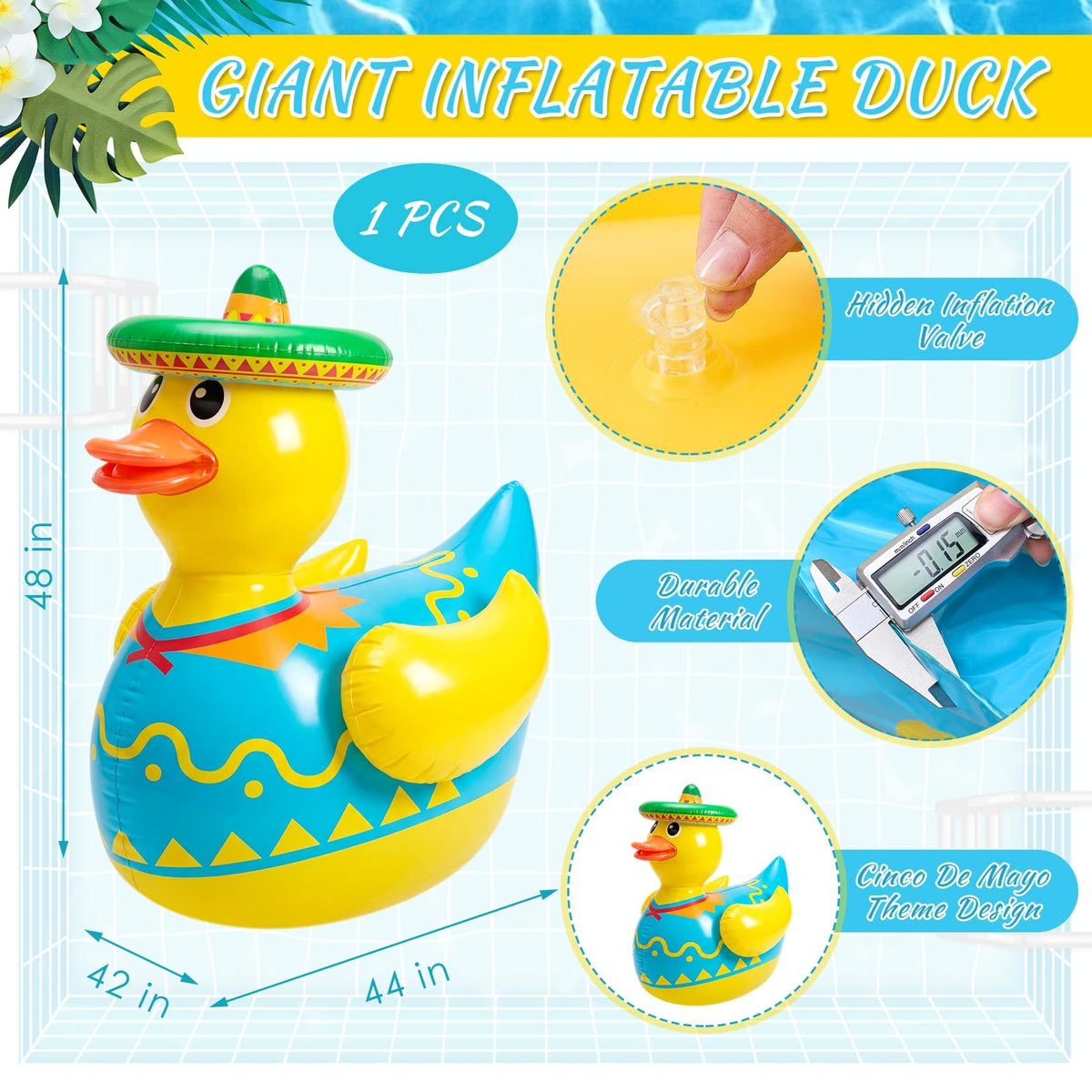 Hungdao sombrero-hat giant duck enhances outdoor fiesta ambiance.