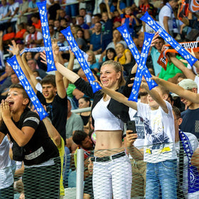 Hungdao sports event blue noisemakers enhance crowd energy at games.