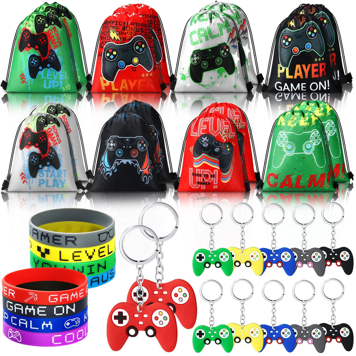 Hungdao drawstring party bags showcase bold game designs for colorful gift packaging.