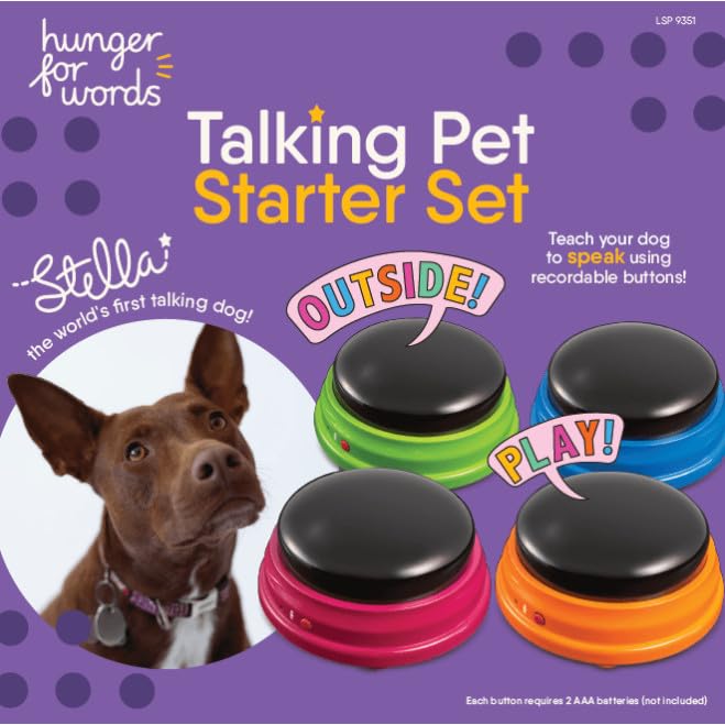 Hunger For Words recordable buttons for dogs showing outside, play, or bed cues.