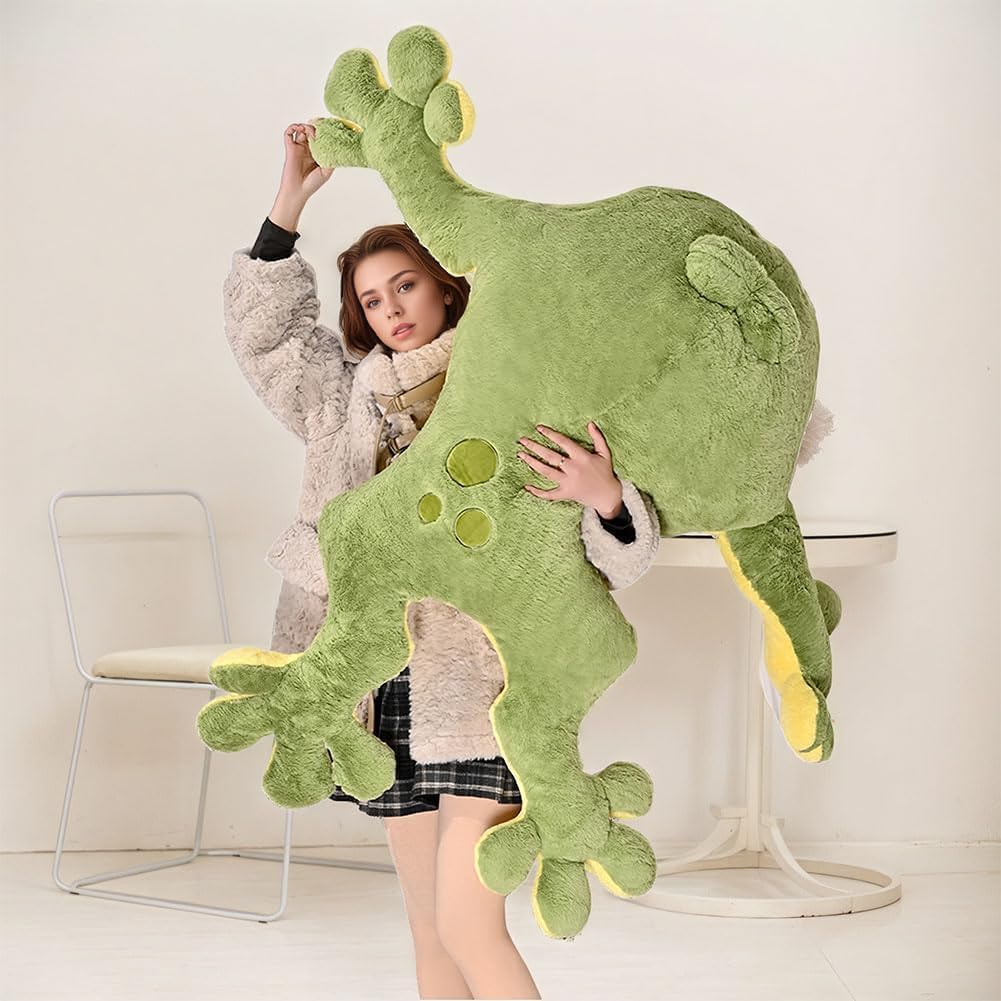 Huniupore giant green frog plush side view, perfect for cozy corners.