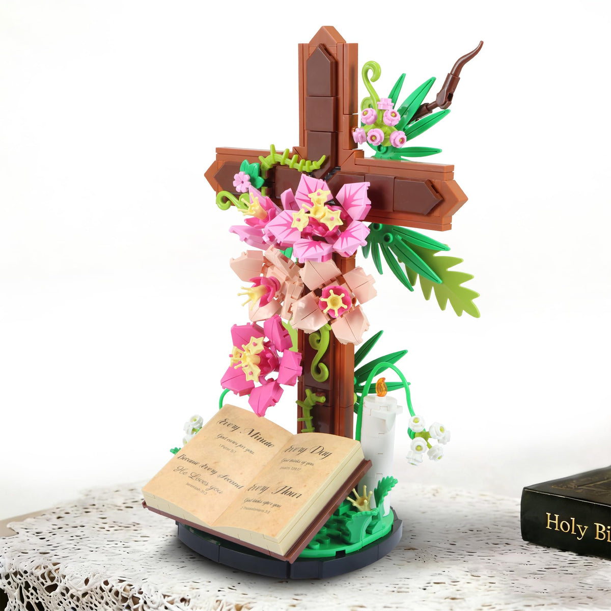 HUNKING Jesus Cross Flower assembly on a desk as a tranquil centerpiece.