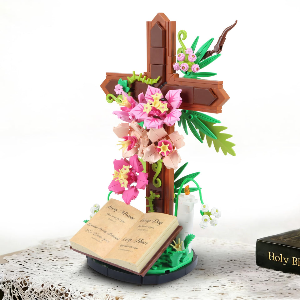 HUNKING Jesus Cross Flower assembly on a desk as a tranquil centerpiece.