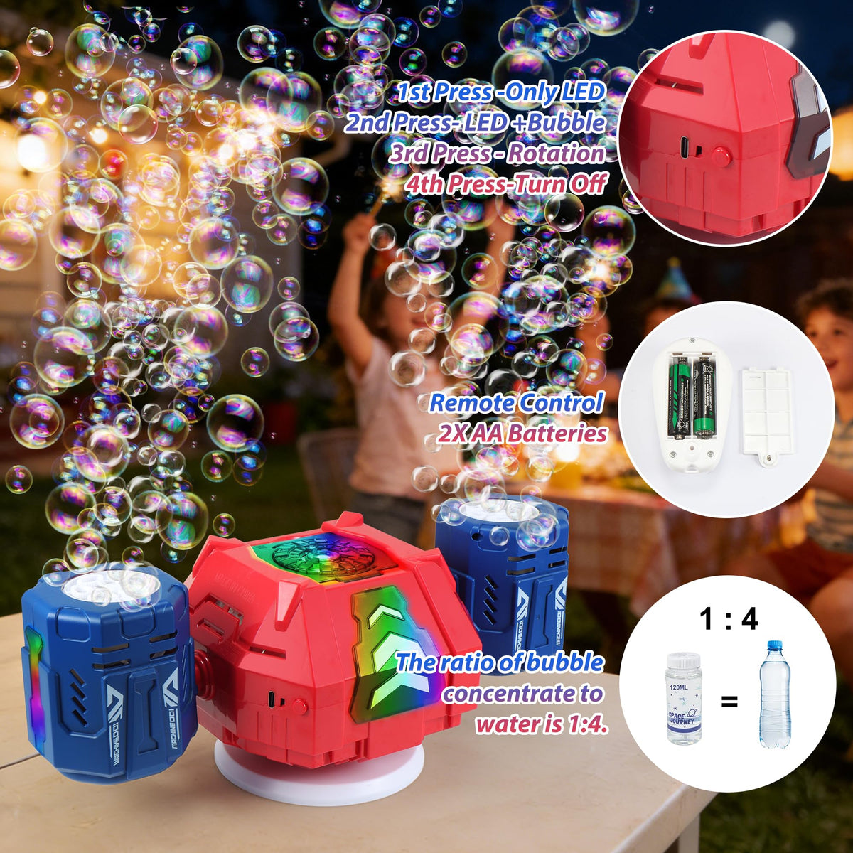 HUNKING RC Bubble Machine rechargeable battery enables cordless operation.