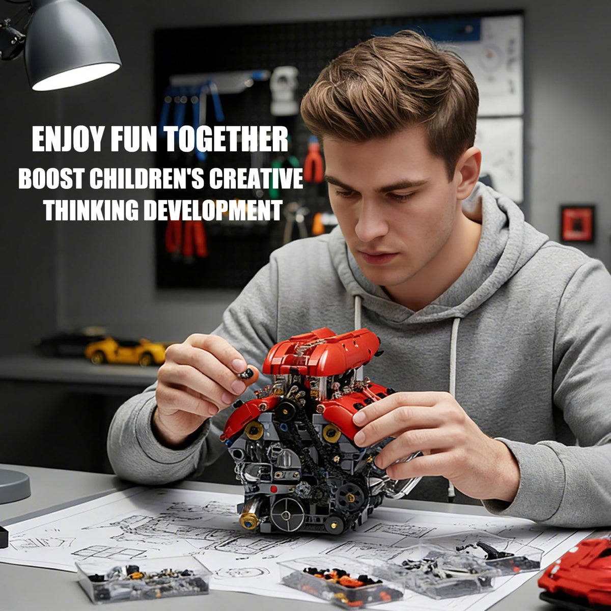 HUNKING V8 engine model kit internal mechanism close up reveals motion