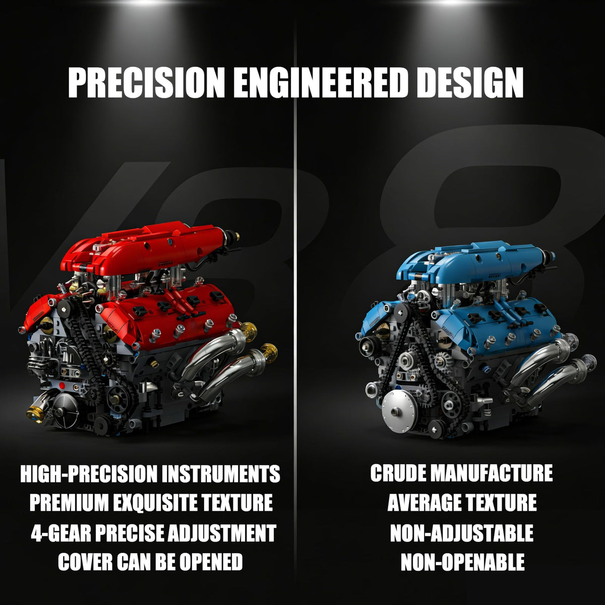 HUNKING V8 engine model kit red gray display as striking desktop decoration