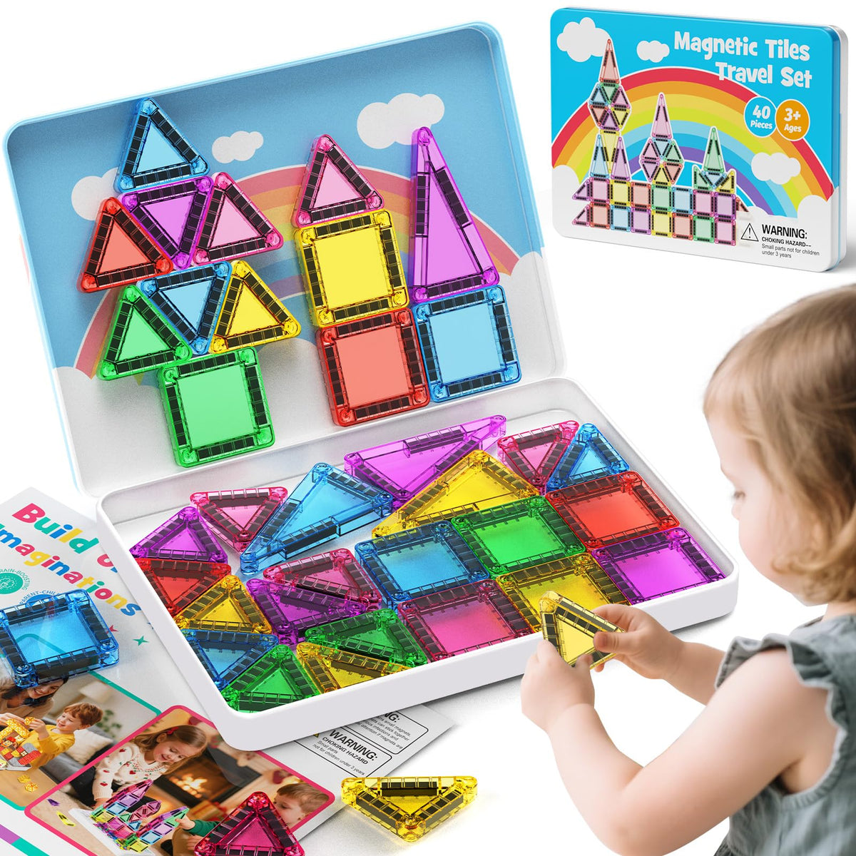 Hunloot 40-piece magnetic tiles travel set with compact storage for on-the-go creativity.