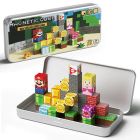 Hunloot magnetic building blocks stored in a travel tin box for easy carry and play