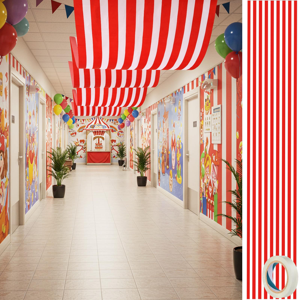 HunnmingRe circus banner 32in by 16ft red and white ceiling backdrop for festive spaces