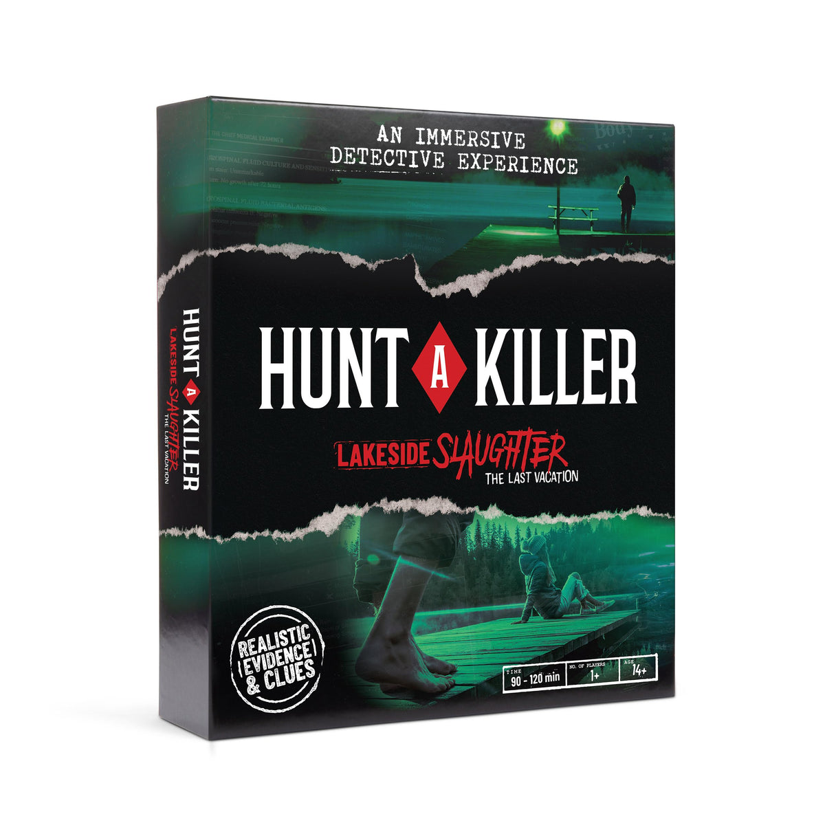 Hunt A Killer Lakeside Slaughter cover art sets a suspenseful mood for game night.