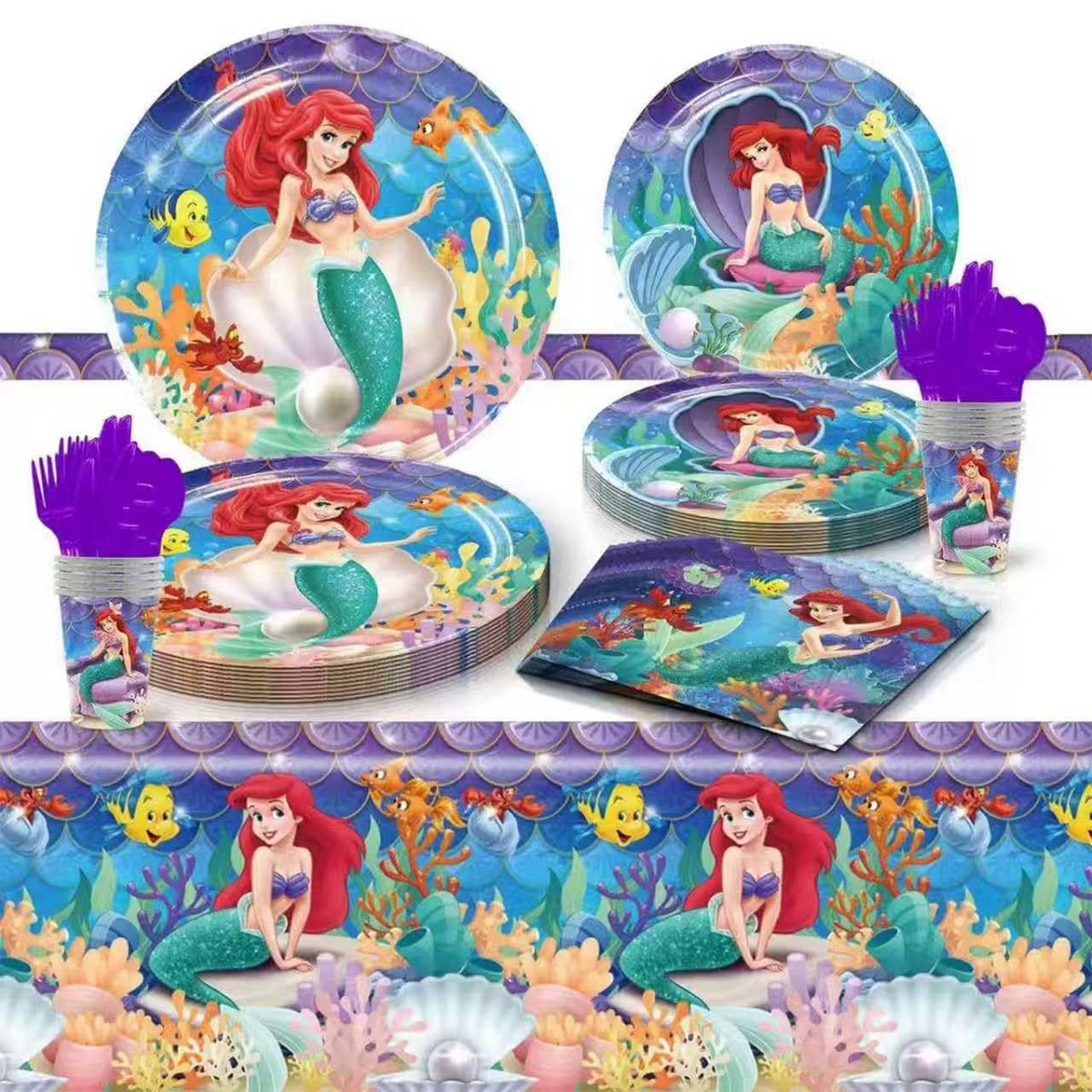Hupalun Ariel party tableware in vibrant colors for quick undersea birthday setup.