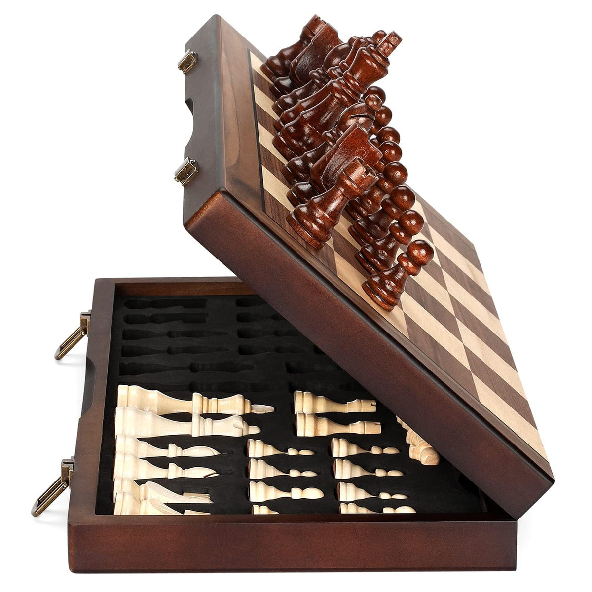 Hurdaos magnetic wooden chess board open, sturdy walnut and maple, ideal for focused play