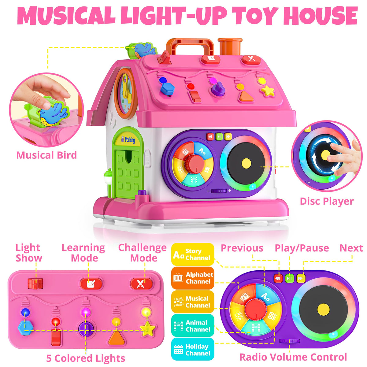 Hurdaos Montessori toy house showing colorful lights for visual tracking