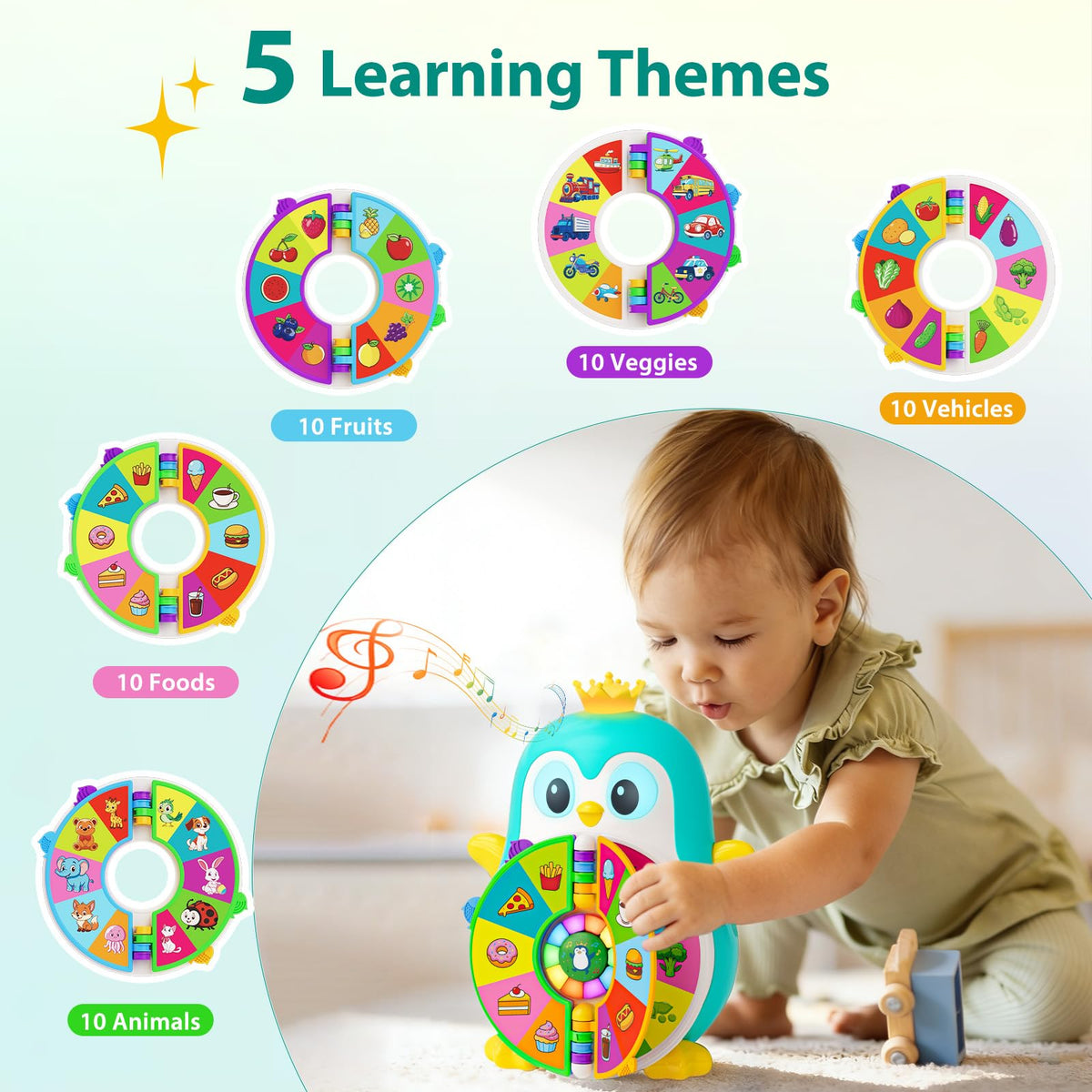 Hurdaos Penguin Learning Toy five themes pages introduce animals, fruits, vehicles