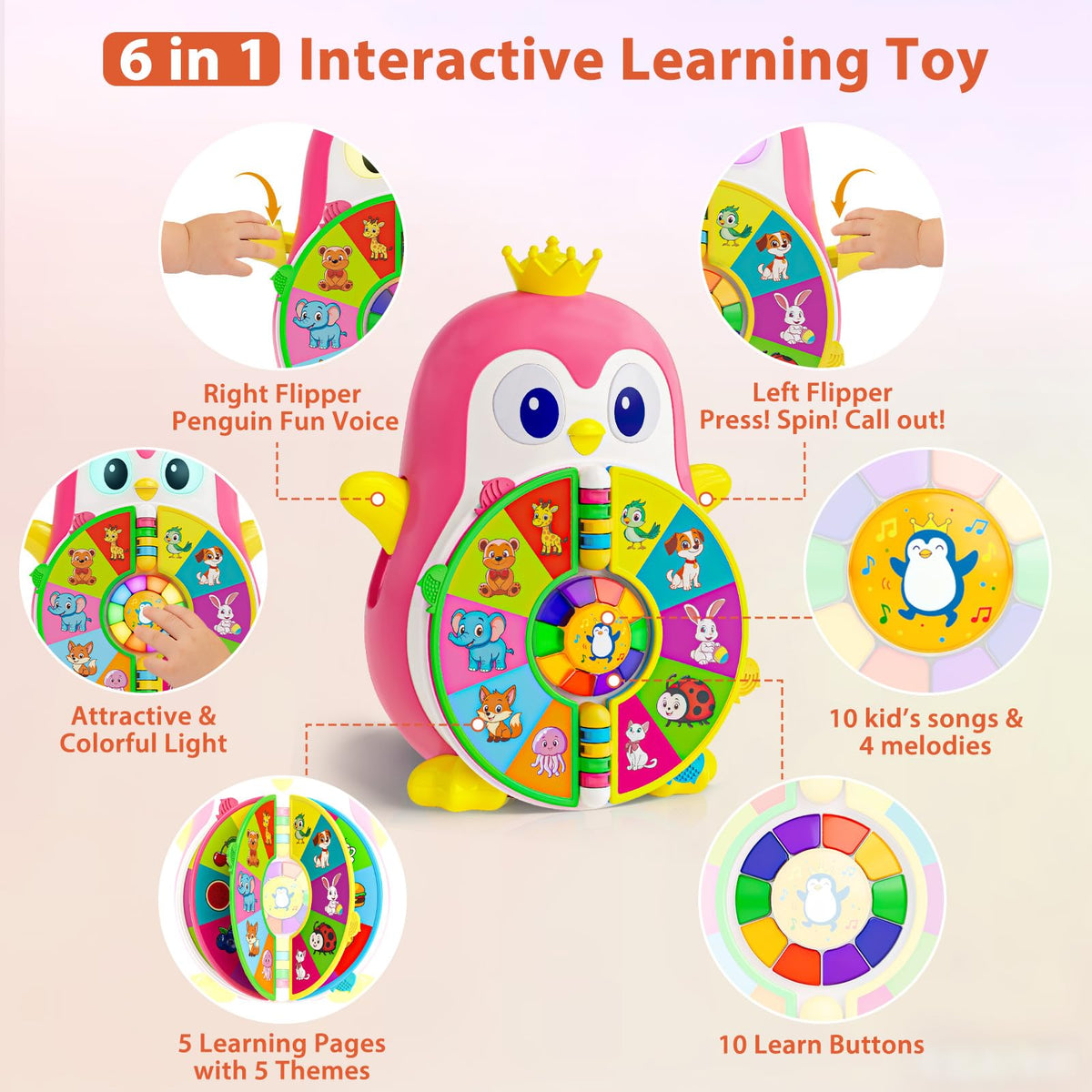Hurdaos penguin lights and buttons promote cognitive engagement through playful cause-and-effect.