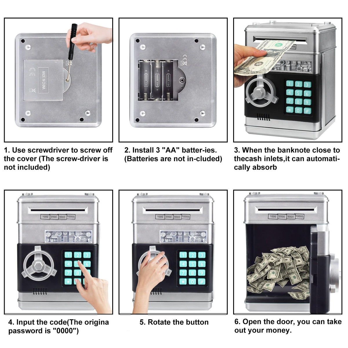 HUSAN piggy bank battery compartment open and accessible.