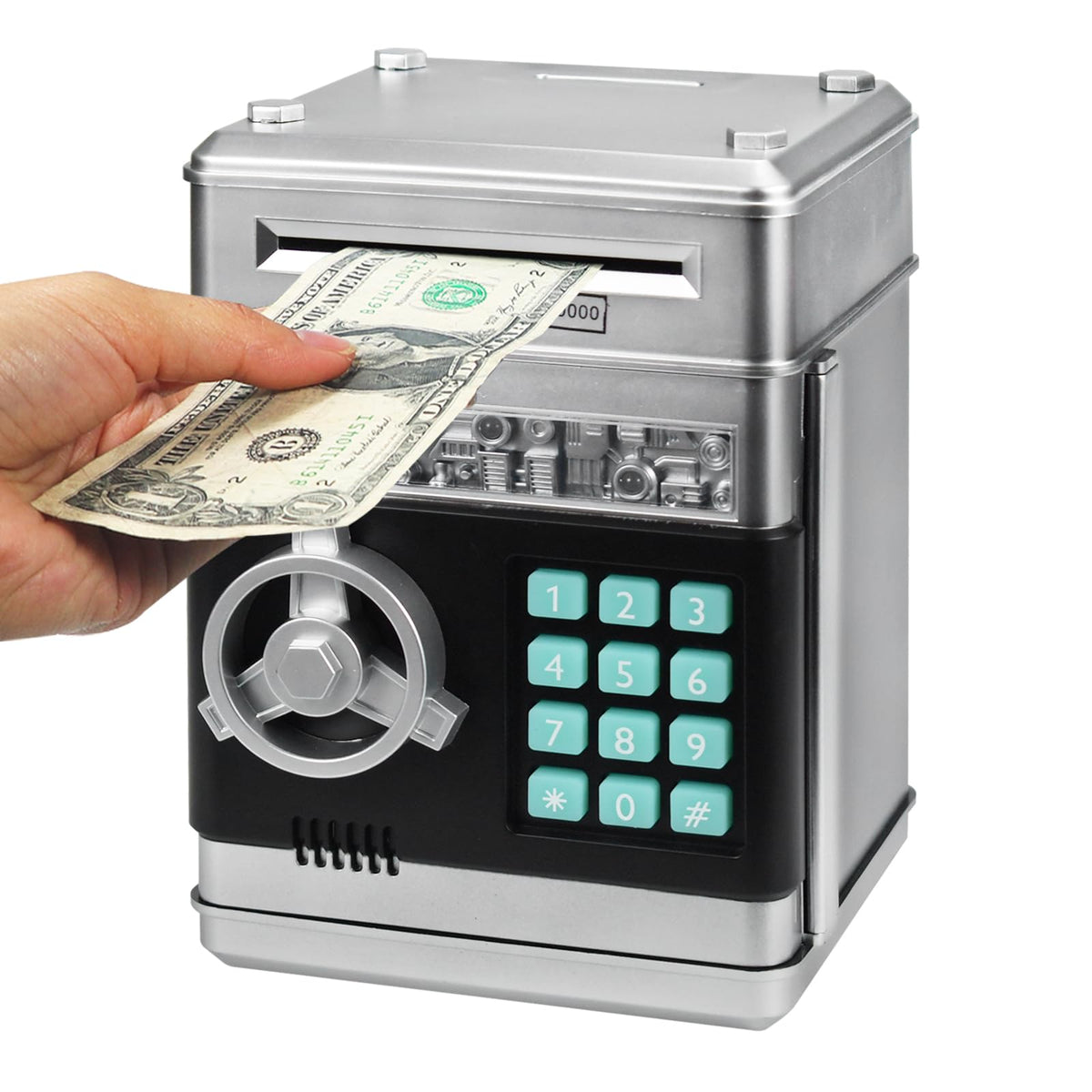 HUSAN piggy bank front view with coin slot for kids' savings.