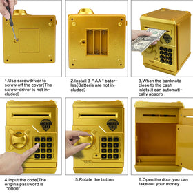 HUSAN piggy bank gold battery compartment requiring 3 AA batteries.