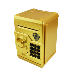 HUSAN piggy bank gold front view with secure 4-digit password for kids.