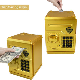 HUSAN piggy bank gold rear view showing durable ABS construction.