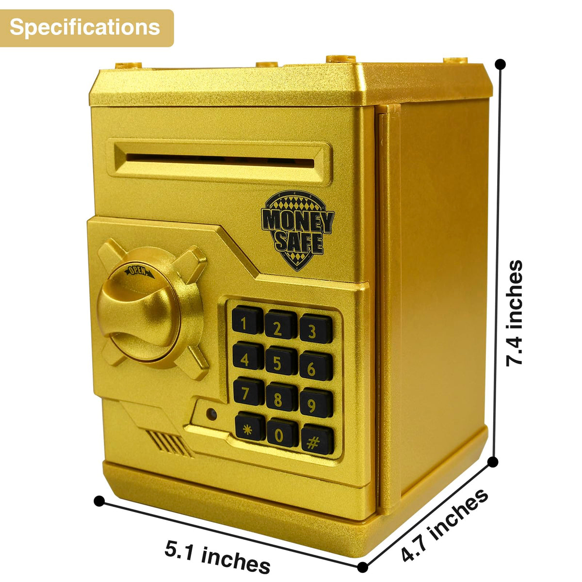 HUSAN piggy bank gold side view highlighting compact footprint.