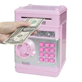 HUSAN piggy bank light pink front view highlights a kid-friendly, secure-saving design.
