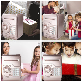 HUSAN Rose Gold Piggy Bank battery-powered operation with three AA batteries.