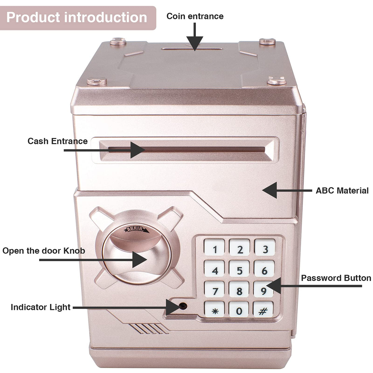 HUSAN Rose Gold Piggy Bank coin entrance demonstrates simple saving increments.