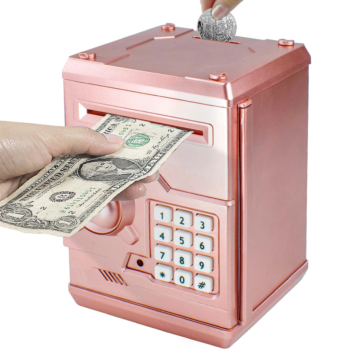 HUSAN Rose Gold Piggy Bank front view shows the coin slot for easy saving.